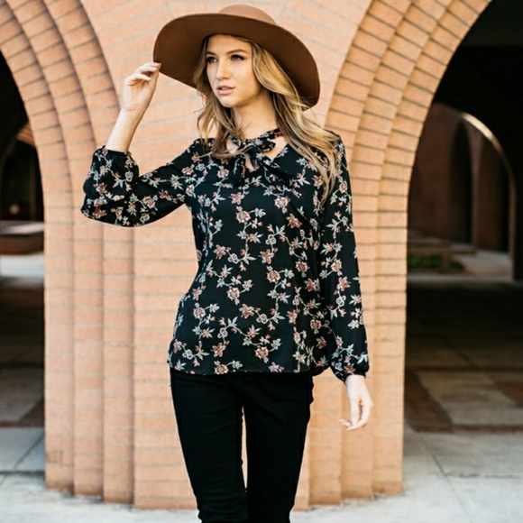 Evelynn's Boutique Tops - Black Navy Blue Floral Bow Knot Neck Tie Blouse